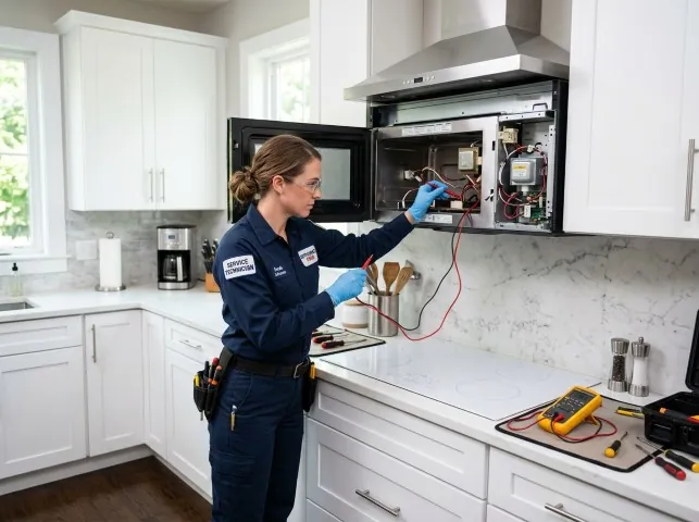 Appliance Repair Hero technician testing an over-the-range microwave in a Aumsville, OR kitchen